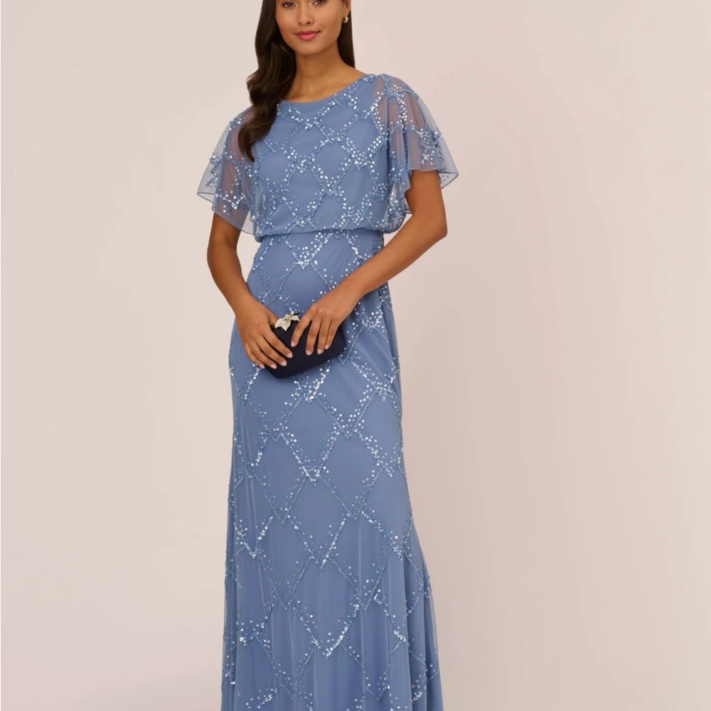 Adrianna Papell French Blue Embellished Flutter Sleeve Maxi Gown